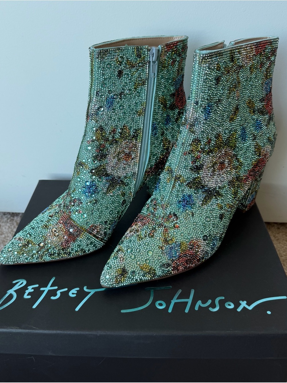 Betsey Johnson Floral Rhinestone Ankle Boots - Picture 2 of 5